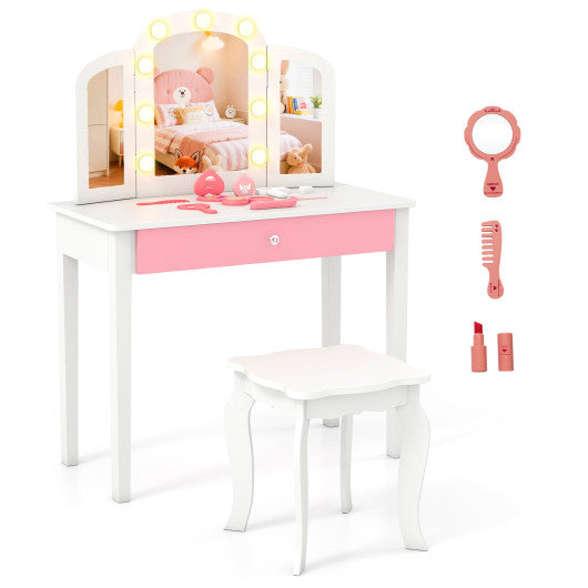 2-in-1 Kids Vanity Table Set with Tri-Folding Detachable Mirror and Lights-White