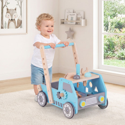 2-in-1 Wooden Baby Walker with Adjustable Speed and Bottom Storage-Blue