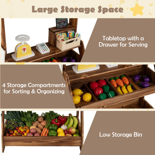 2-in-1 Wooden Mud Kitchen and Market Stand for Kids Outdoor with Planter Box and 2 Chalkboards-Brown