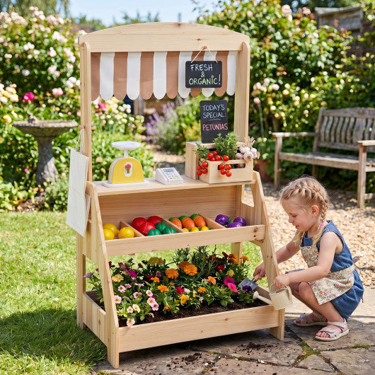 2-in-1 Wooden Mud Kitchen and Market Stand for Kids Outdoor with Planter Box and 2 Chalkboards-Natrual