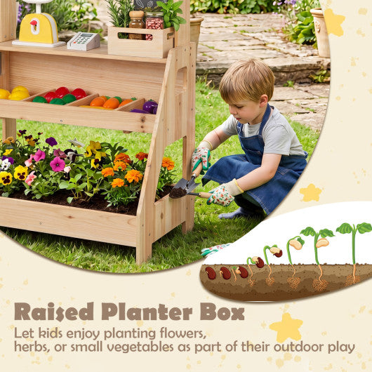 2-in-1 Wooden Mud Kitchen and Market Stand for Kids Outdoor with Planter Box and 2 Chalkboards-Natrual