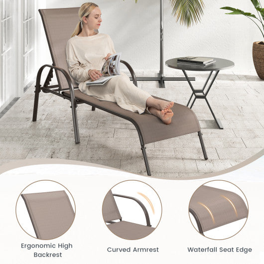 2 Pcs Outdoor Patio Lounge Chair Chaise Fabric with Adjustable Reclining Armrest-Brown