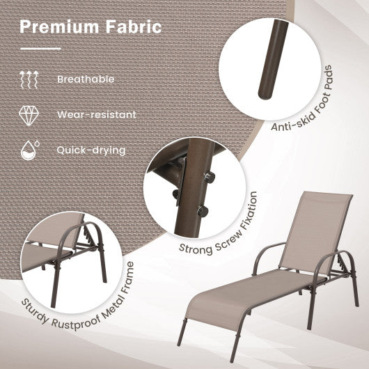 2 Pcs Outdoor Patio Lounge Chair Chaise Fabric with Adjustable Reclining Armrest-Brown