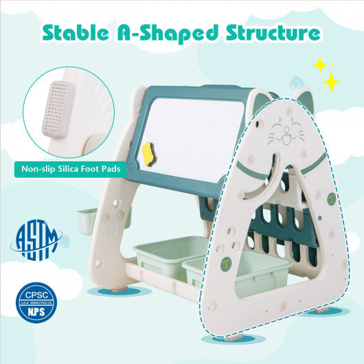 3-In-1 Double Sided Magnetic Dry-Erase Board with Stool and Flipped Writing Desktop-Green