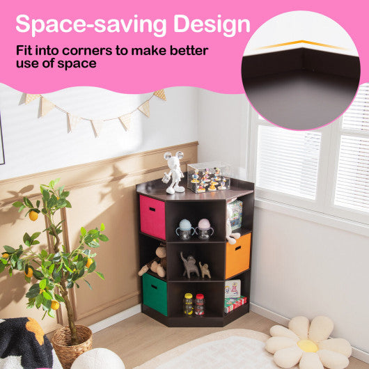 3-Tier Kids Storage Shelf Corner Cabinet with 3 Baskets-Brown