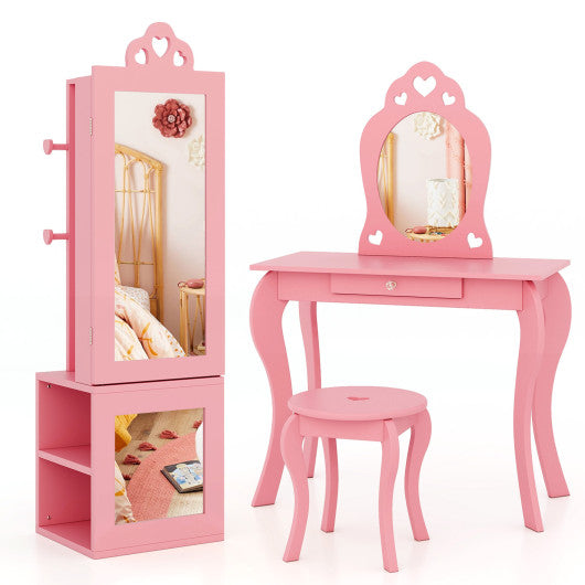 3-in-1 Freestanding Kids Jewelry Cabinet Armoire with Full Length Mirror-Pink