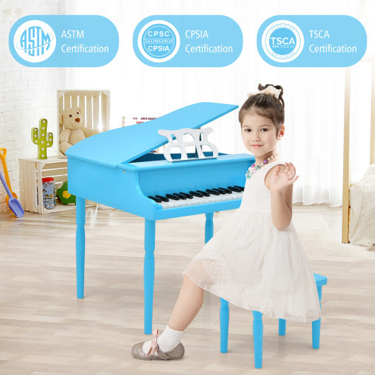 30-Key Wood Toy Kids Grand Piano with Bench and Music Rack-Blue