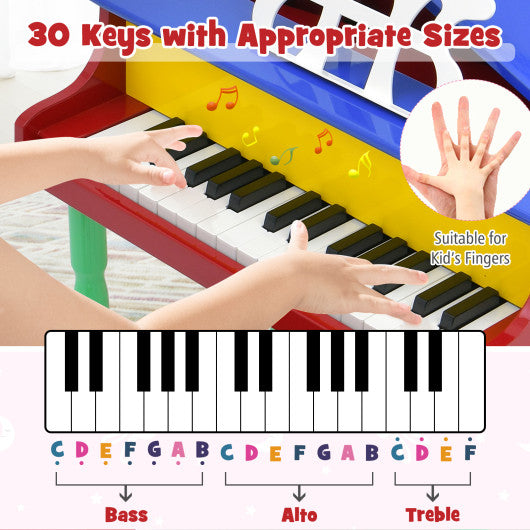 30-Key Wood Toy Kids Grand Piano with Bench and Music Rack-Multicolor