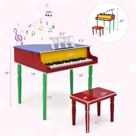 30-Key Wood Toy Kids Grand Piano with Bench and Music Rack-Multicolor