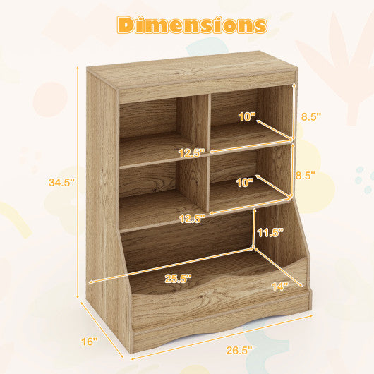 3-Tier Children's Multi-Functional Bookcase Toy Storage Bin Floor Cabinet-Natural