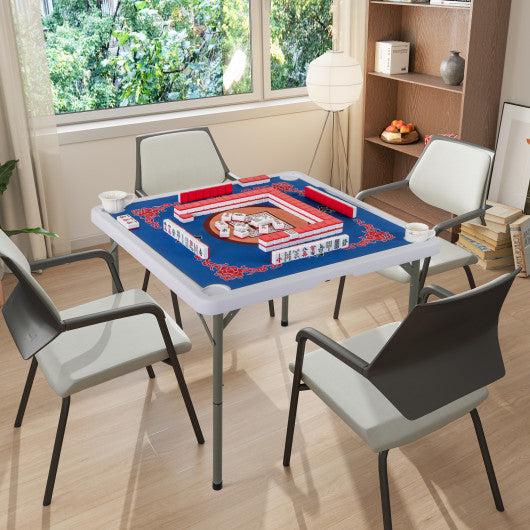 35 Inch 4 Player Game Card Folding Mahjong Table with Cup Holders-Blue