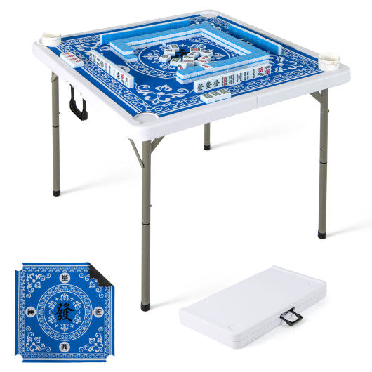 35 Inch 4 Player Game Card Folding Mahjong Table with Cup Holders-Light Blue