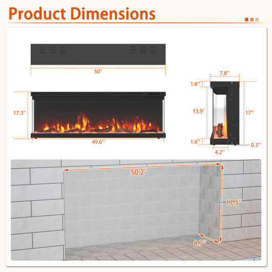 36/40/50/60 Inch Wide 3-Sided Electric Fireplace Insert with Remote Control and 12 Flame Colors-50 Inch