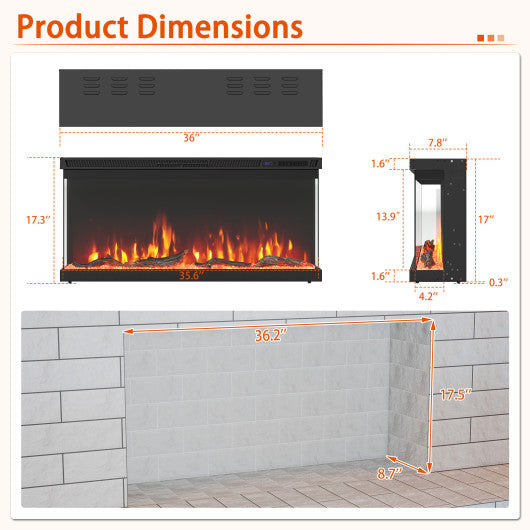 36/40/50/60 Inch Wide 3-Sided Electric Fireplace Insert with Remote Control and 12 Flame Colors-36 Inch
