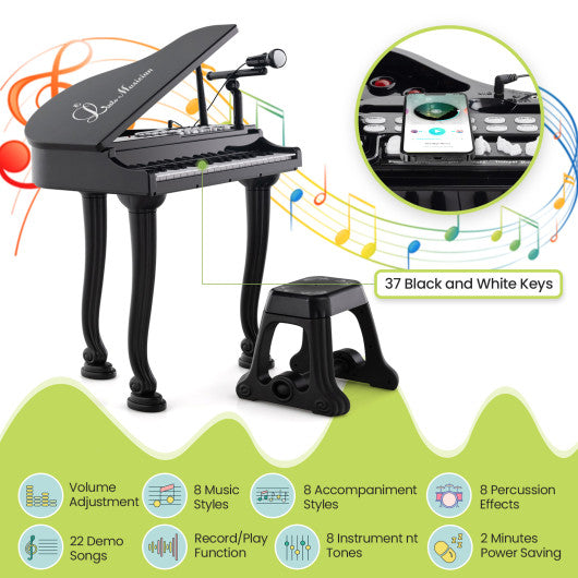37 Keys Kids Piano Keyboard with Stool and Piano Lid-Black