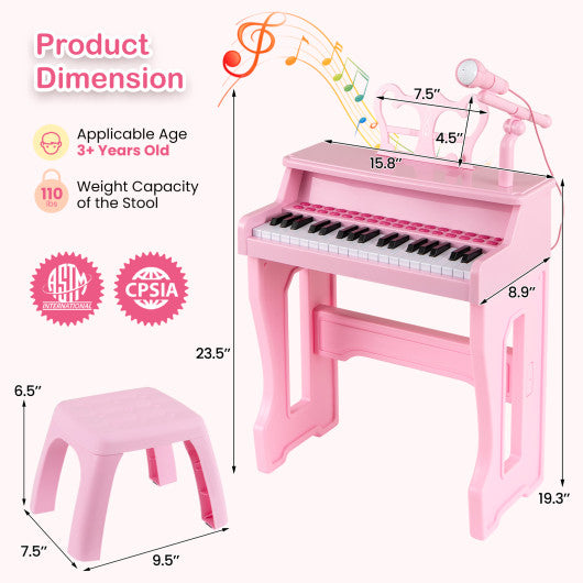 37 Keys Music Piano with Microphone Kids Piano Keyboard with Detachable Music Stand-Pink