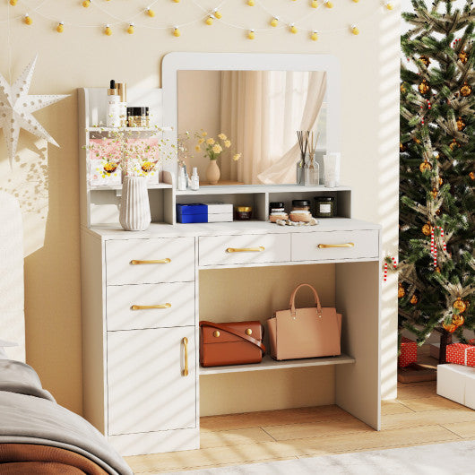 39.5 Inch Vanity Desk with Power Outlets and Mirror for Bedroom-White