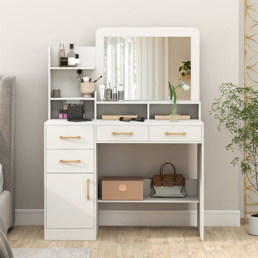 39.5 Inch Vanity Desk with Power Outlets and Mirror for Bedroom-White