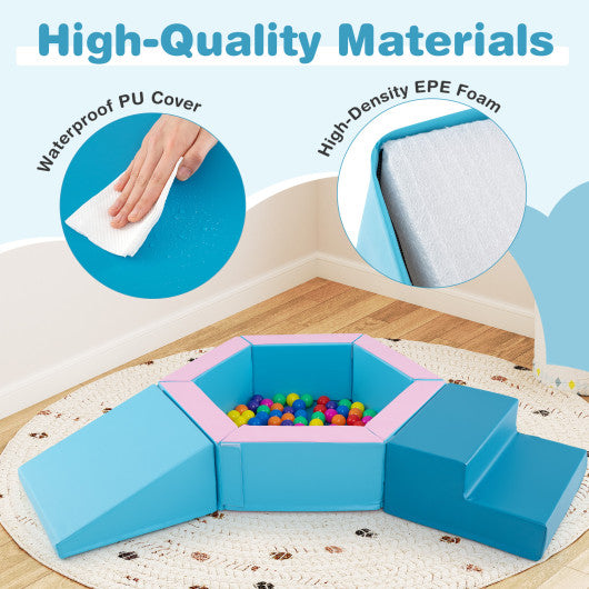 3-Piece Baby Foam Climbing Blocks Climb and Crawl Set with 100 Ocean Balls-Blue