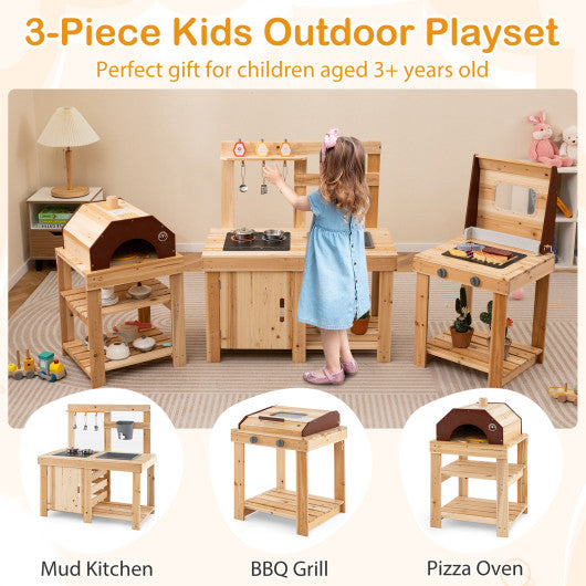 3-Piece Outdoor Kitchen Set Mud Kitchen with Separate BBQ Grill and Pizza Oven-Natural
