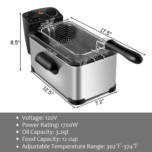 3.2 Quart Electric Stainless Steel Deep Fryer with Timer-Silver