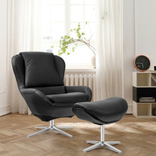 360¡ã Swivel Leather Lounge Chair with Ottoman and Aluminum Alloy Base-Black