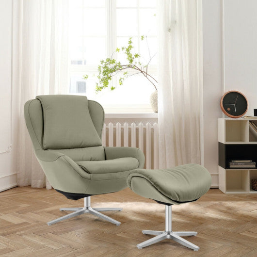 360¡ã Swivel Leather Lounge Chair with Ottoman and Aluminum Alloy Base-Gray