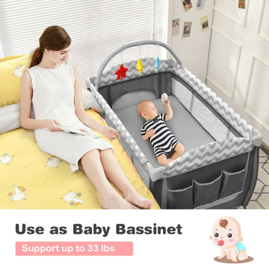 3-in-1 Portable Baby Playard with Zippered Door and Toy Bar-Gray