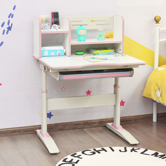 Kids Multifunctional Writing Desk with Tilt Desktop and Book Shelf-Pink