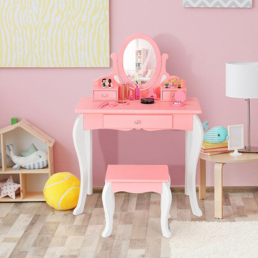 Kids Vanity Princess Makeup Dressing Table Stool Set with Mirror and Drawer-Pink