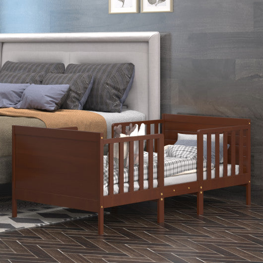 2-in-1 Convertible Kids Wooden Bedroom Furniture with Guardrails-Brown