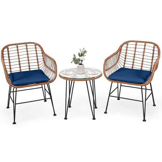 3 Pieces Patio Rattan Bistro Set with Cushion-Navy