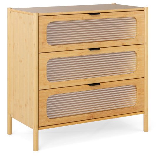 3 Drawer Mid Century Modern Chest of Drawers with Reeded Tempered Glass Front-Natural