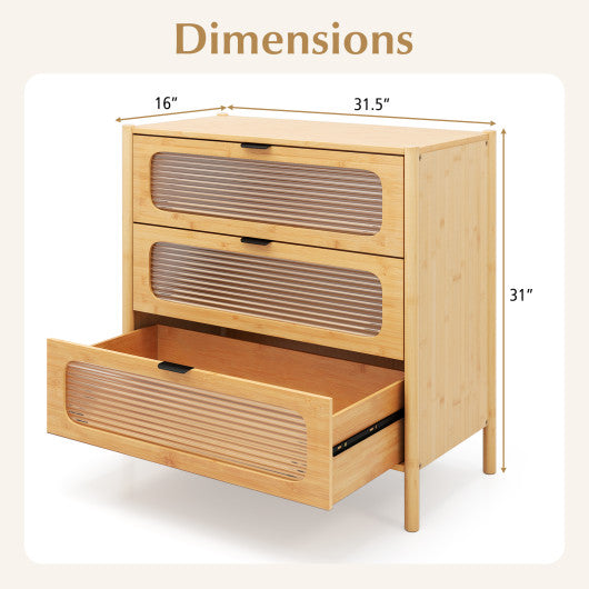 3 Drawer Mid Century Modern Chest of Drawers with Reeded Tempered Glass Front-Natural