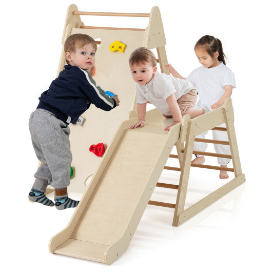 3-In 1 Jungle Gym Indoor Playground with Extended Slide for Toddlers-Natural