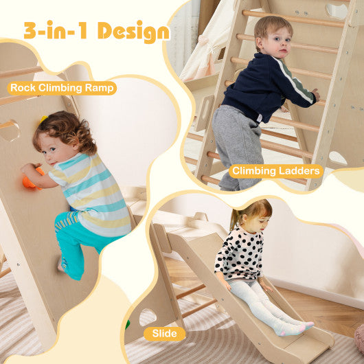 3-In 1 Jungle Gym Indoor Playground with Extended Slide for Toddlers-Natural