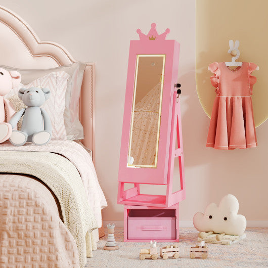 3 In 1 Kids Jewelry Cabinet with 3-Color Lighted Full Length Mirror-Pink
