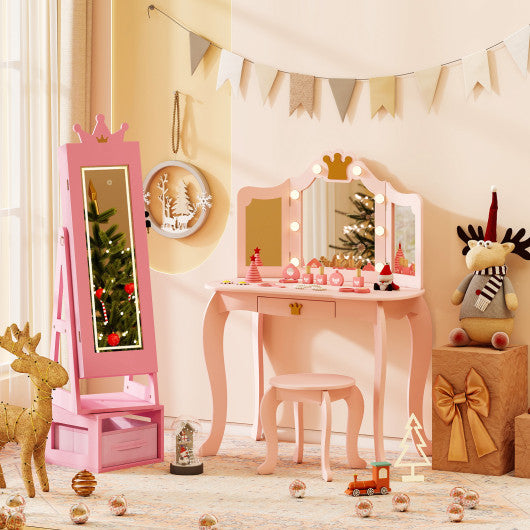 3 In 1 Kids Jewelry Cabinet with 3-Color Lighted Full Length Mirror-Pink