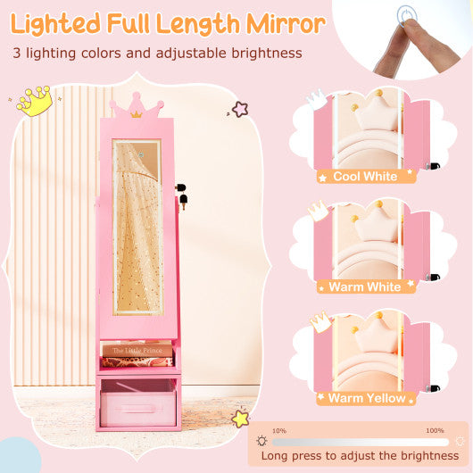 3 In 1 Kids Jewelry Cabinet with 3-Color Lighted Full Length Mirror-Pink