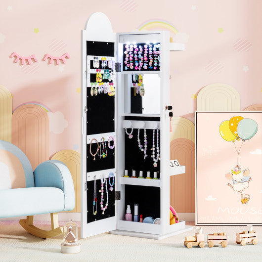 3 In 1 Kids Jewelry Cabinet Freestanding Jewelry Armoire with 3-Color Lighted Mirror-White
