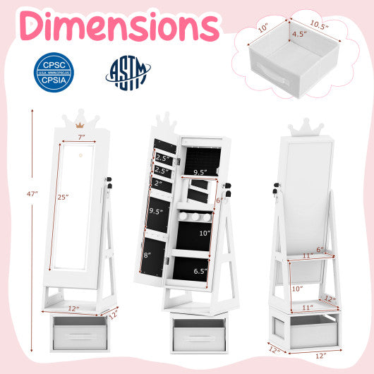 3 In 1 Kids Jewelry Cabinet with 3-Color Lighted Full Length Mirror-White