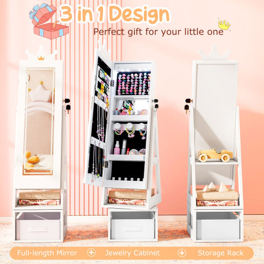 3 In 1 Kids Jewelry Cabinet with 3-Color Lighted Full Length Mirror-White