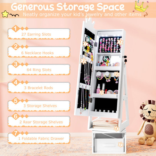 3 In 1 Kids Jewelry Cabinet with 3-Color Lighted Full Length Mirror-White