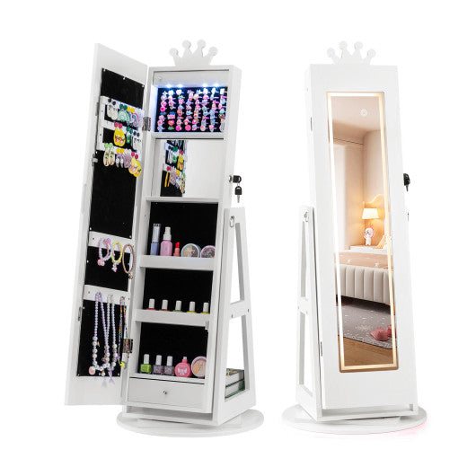 3 In 1 Kids Jewelry Cabinet with 3-Color Lighted Full Length Mirror and Internal Mirror-White
