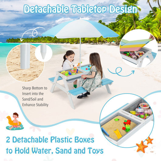 3-in-1 Kids Outdoor Picnic Water Sand Table with Umbrella Play Boxes-Blue