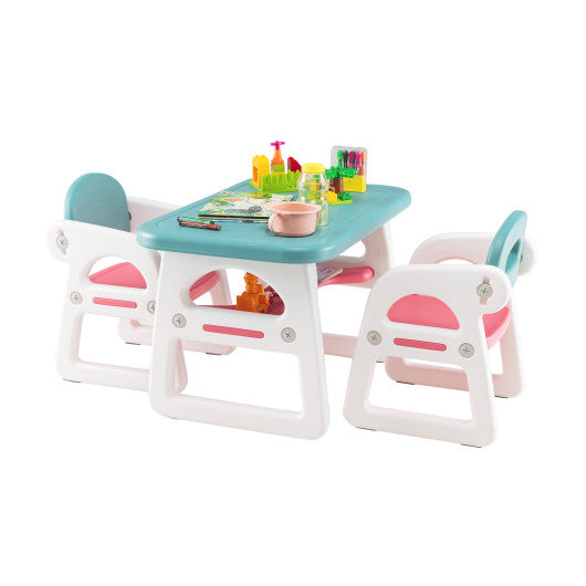 Kids Table and Chair Set with Building Blocks-Pink & Blue