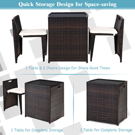 3 Pieces Cushioned Wicker Patio Bistro Set with No Assembly Needed