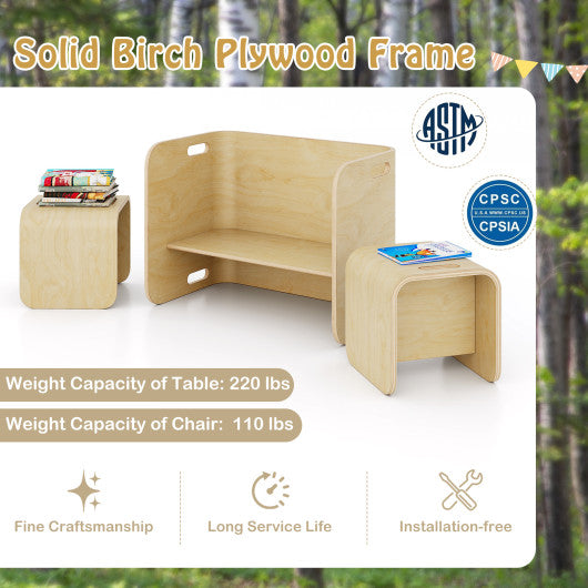 3 Pieces Kids Wooden Table and Chair Set-Natural