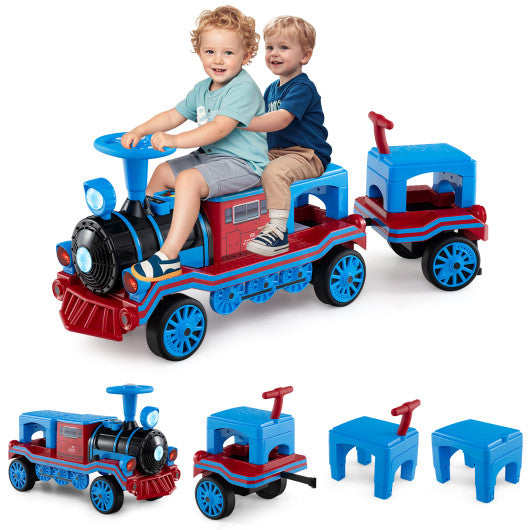 3-Seater Trackless Ride on Train Set 12V Ride on Toy Car with 2 Removable Chairs-Blue