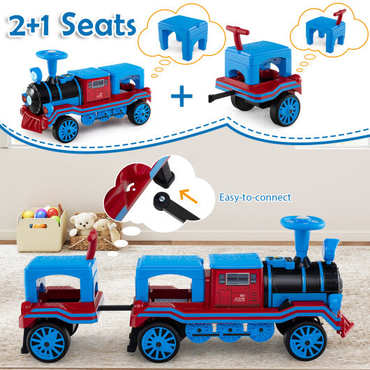 3-Seater Trackless Ride on Train Set 12V Ride on Toy Car with 2 Removable Chairs-Blue